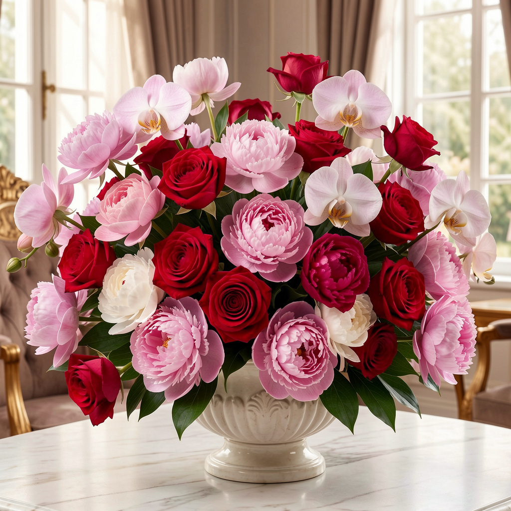 Luxury mixed arrangement with premium roses peonies and orchids
