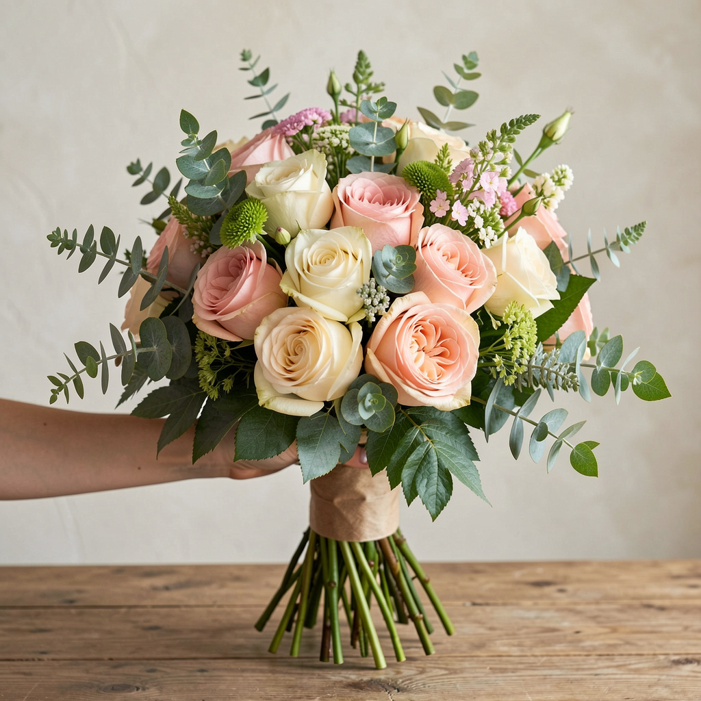 Signature hand-tied bouquet with garden roses and seasonal greenery